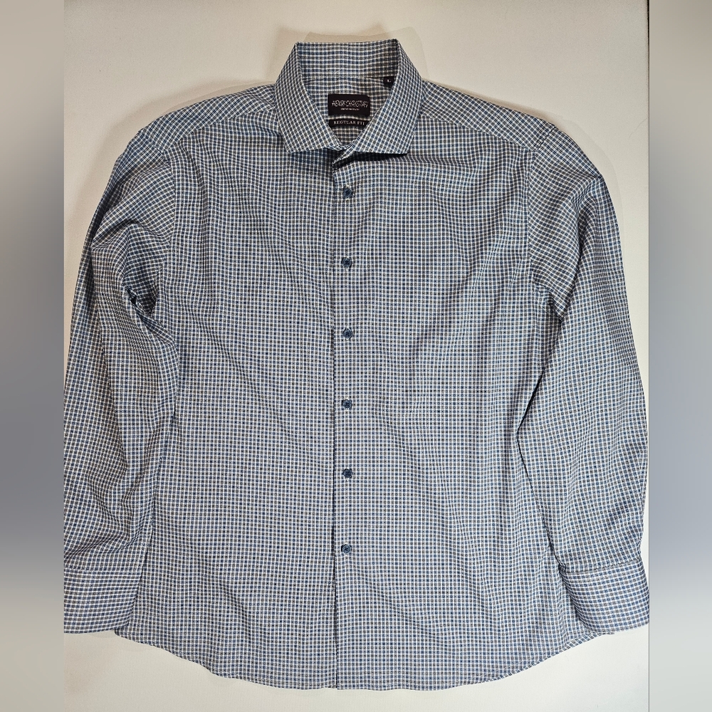 Henri Christian Shirt Mens Large Blue White Check Button Down Regular Fit Office